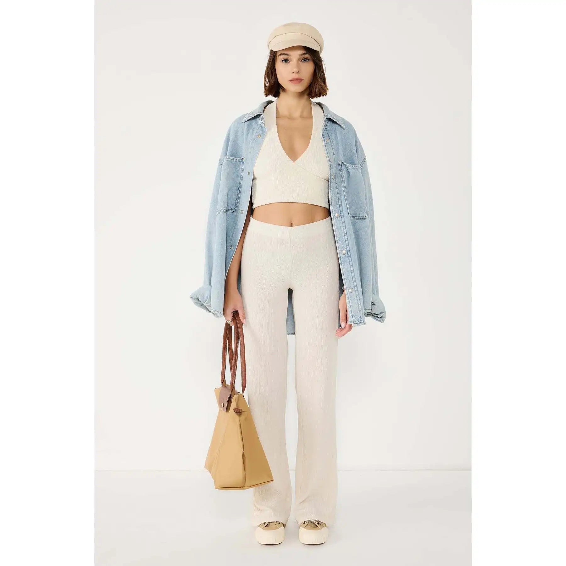 Textured High Waist Flare Trousers